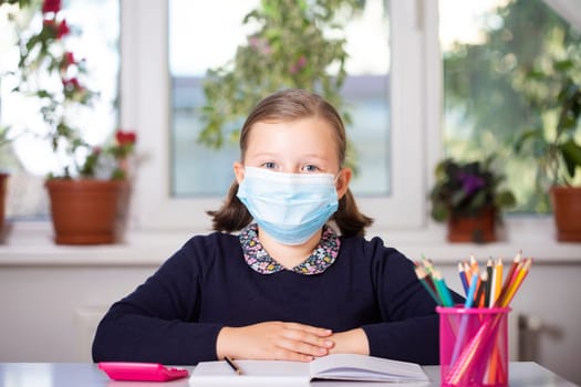 School child wearing mask for protection against coronavirus in school. Measures to prevent the spread of COVID-19 at schools during coronavirus pandemic.
