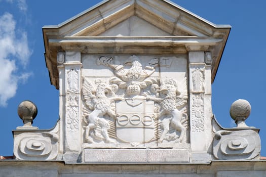Coat of arms above entrance of Castle in Ptuj, town on the Drava River banks, Lower Styria Region, Slovenia