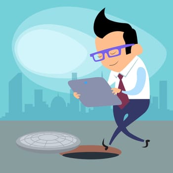 The dangers of new technologies. Businessman reading the tablet and does not notice the open manhole in the street