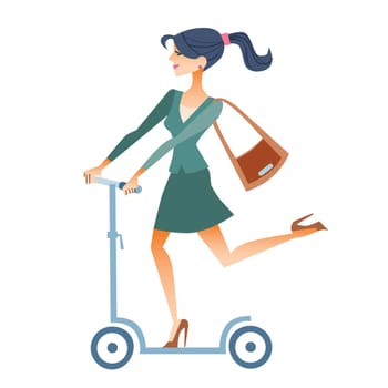 Businesswoman in a suit on the scooter rides to work in the morning
