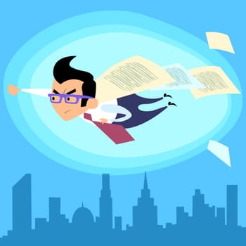 Businessman superhero, like Superman, flying over the city contract deal