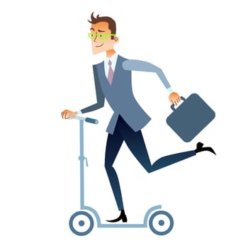 Businessman in suit on the scooter rides to work