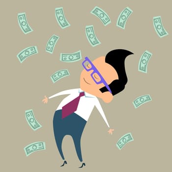 Office worker businessman happy standing in the midst of falling money