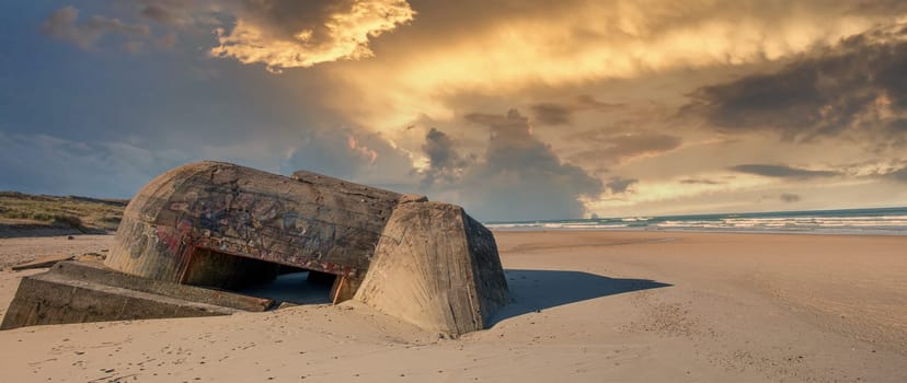 the ruins of german bunker in the beach of Normandy, France