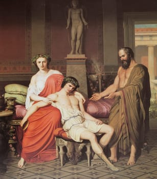 Socrates chiding Alcibiades in Home of a Courtesan. Painted by German Amores Hernandez in 1823. Museo del Prado, Madrid