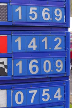 Big board with petrol prices at gas station