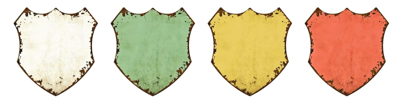 Four empty vintage tin signs on a white background