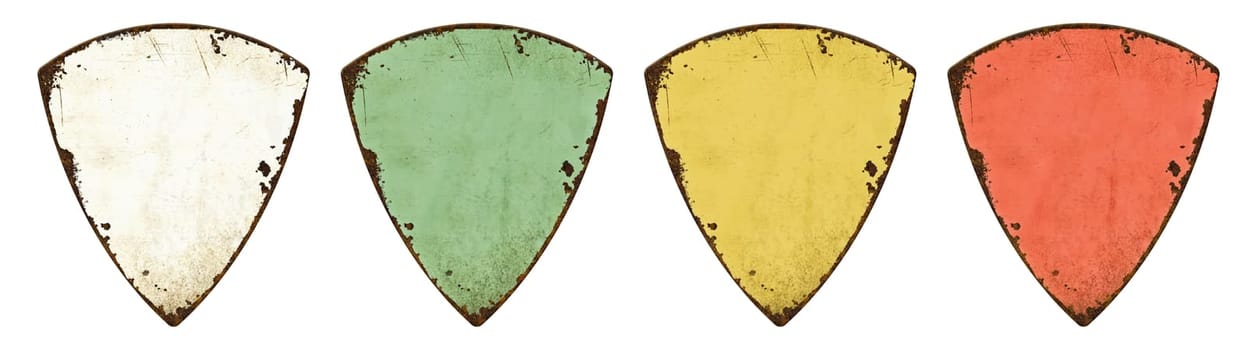 Four empty vintage tin signs on a white background