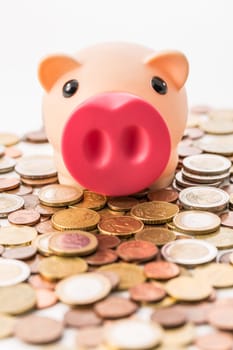 Piggy bank moneybox with euro coins on white background.