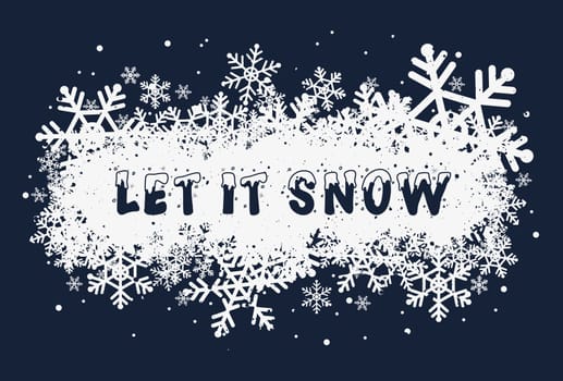 Let it snow, seasonal text art illustration. Winter snowy cap lettering font design. White snowflakes as Christmas holiday symbol. New year atmosphere greeting card, conceptual typography background.
