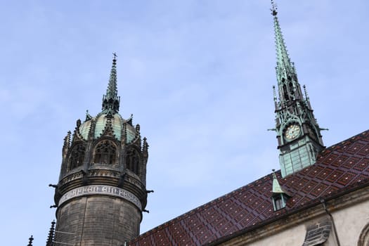 Towers of the castle church in Wittenberg. Origin of the Reformation of Martin Luther. Saxony-Anhalt,Germany