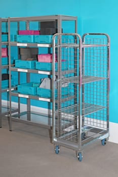 Wire cart and shelf in storage room