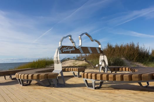 VENTSPILS, LATVIA - CIRCA SEPTEMBER 2019: CONTOUR MARK OF LATVIA. In honor of the significant anniversary of the Republic of Latvia, the team of SIA Bucher Municipal on 14 September 2019 gave to the City of Ventspils a unique present - an environmental object - a vertical depiction of the shape of Latvia.