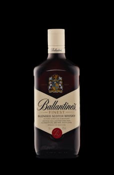 St.Petersburg, Russia - February 2020 - Bottle of Ballantine's Finest blended scotch whisky on black background. Product of Scotland