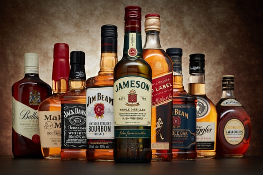 St.Petersburg, Russia - April  2020 - Bottle of Jameson irish whiskey on background of other popular brands of whiskey (whisky) on dark  background