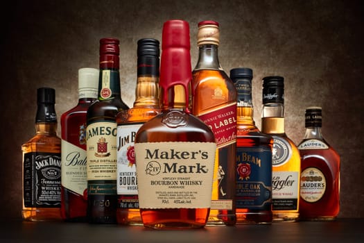 St.Petersburg, Russia - April  2020 - Bottle of Marker's Mark bourbon whiskey on background of other popular brands of whiskey (whisky) on dark  background