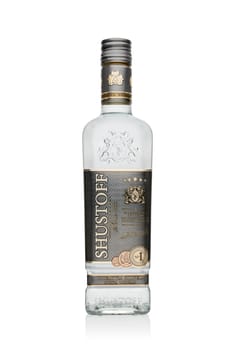 St.Petersburg, Russia - April  2020 - Bottle of Shustoff premium silver vodka isolated on white background.