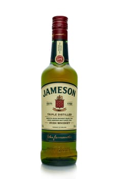 St.Petersburg, Russia - April  2020 - Bottle of Jameson  triple distilled irish whiskey  isolated on white background. Product of Ireland