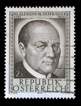 Stamp issued in the Austria shows 150th Anniversary of the Death of Saint Klemens Maria Hofbauer patron saint of Vienna, circa 1970.