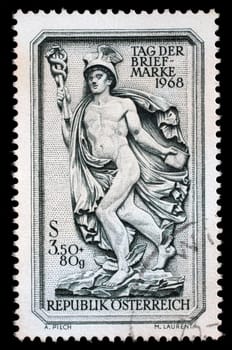 Stamp printed in Austria shows facade relief "Messenger of the Gods"", Purkersdorf Vienna, circa 1968."