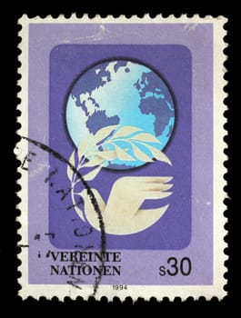 Stamp issued in UN - Vienna shows Symbols U.N.O., circa 1994.