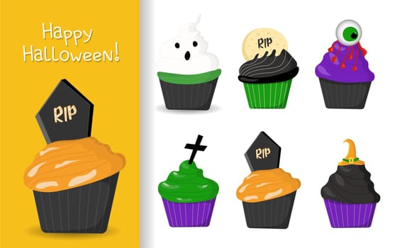 A set of funny muffins for Halloween. Halloween treat clipart on white background isolated