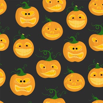 Seamless pattern on with scary faces and pumpkins. Background for Halloween. All Saints Day treat