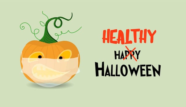 Halloween poster or greeting card. Horizontal banner with a pumpkin wearing a medical mask. Happy Halloween.