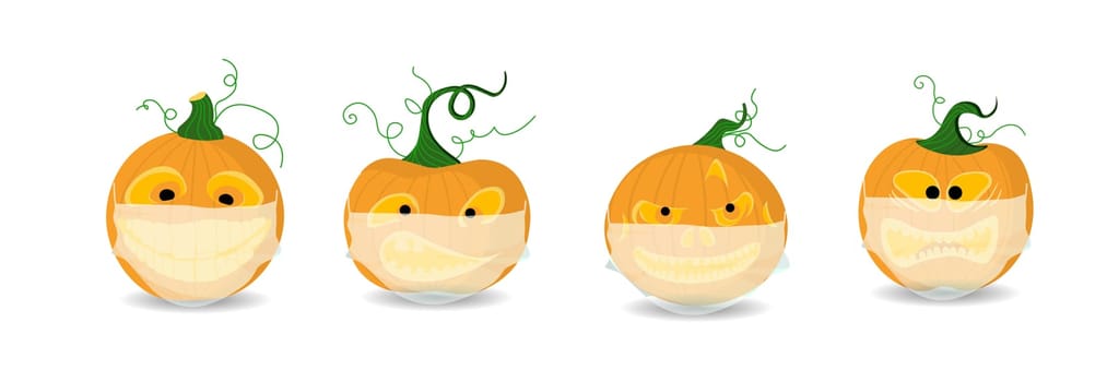 Halloween pumpkin isolated on white background. Horizontal banner with a pumpkin wearing a medical mask. Happy Halloween.