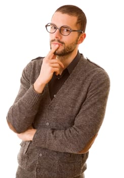 young casual man thinking, isolated on white