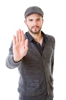 young man making stop with his hand, isolated