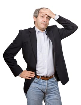 worried casual mature man thinking, isolated on white