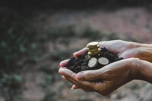 Saving money concept with hand holding money coin stack. financial and accounting concept.