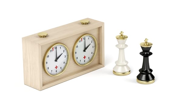 Chess kings and chess clock on white background