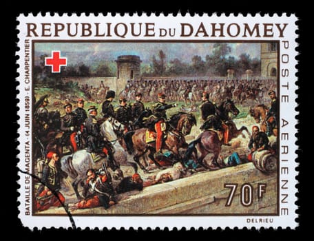 Stamp printed in Dahomey shows Battle of Magenta, by Louis Eugene Charpentier, Red Cross series, circa 1968.