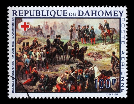Stamp printed in Dahomey shows Battle of Solferino, by Charpentier, Red Cross series, circa 1968.