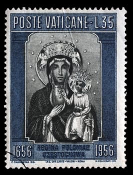Stamp issued in Vatican shows Our Lady of Jasna Gora, Black Madonna of Poland, circa 1956.
