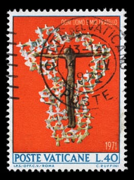 Stamp issued in Vatican shows Crucifix and doves, Against racial discrimination, circa 1971.