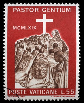 Stamp issued in Vatican shows Visit of the Pope Paul VI to Africa, circa 1969.
