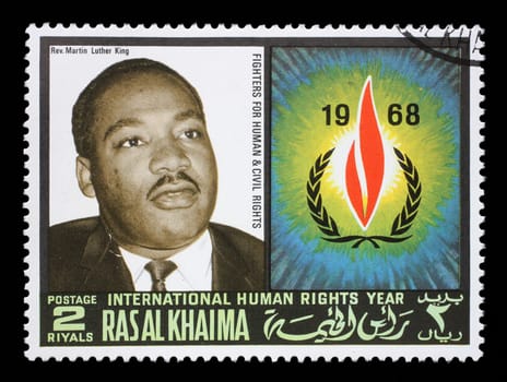Stamp issued in the Ras al Khaimah shows Martin Luther King (1929-1968), International Human Rights Year, circa 1968.