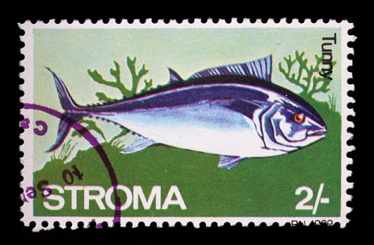 Stamp issued in Stroma shows Tunny, circa 1969.