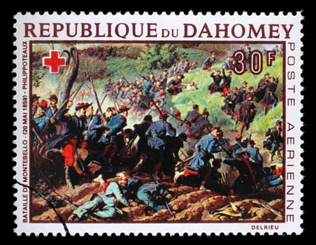 Stamp printed in Dahomey shows Battle of Montebello, by Henri Philippoteaux, Red Cross series, circa 1968.