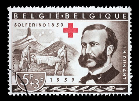 Stamp printed in Belgium shows Henri Dunant, Founder of the Red Cross and Battle of Solferino, Red Cross series, circa 1959.