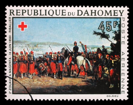 Stamp printed in Dahomey shows 2nd Zouave Regiment Magenta, by Riballier, Red Cross series, circa 1968.