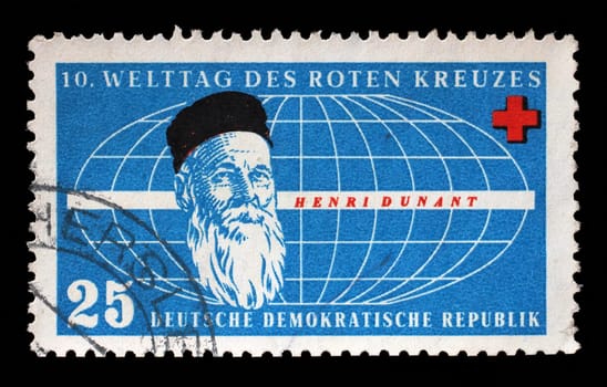 Stamp issued in Germany - Democratic Republic (DDR) shows Henri Dunant, Red Cross World Day, circa 1957.