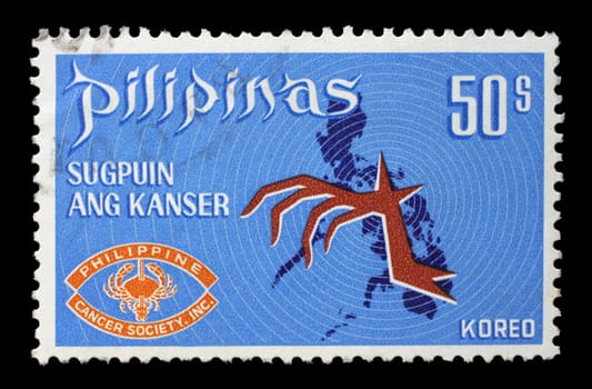 Stamp printed in Philippines, shows Crab, by Alexander Calder and Map, Fight against cancer, circa 1970.