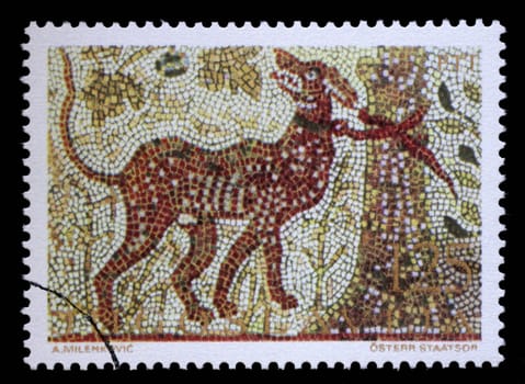 Stamp issued in Yugoslavia shows Cerberus, mosaic series, circa 1970.