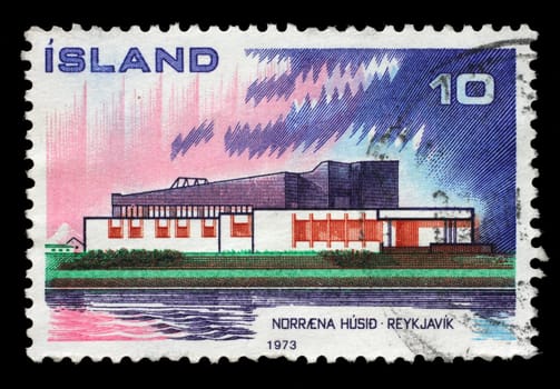 Stamp issued in Iceland shows The Nordic House in Reykjavik , circa 1973.