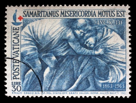 Stamp printed in Vatican shows "The Good Samaritan,"" by Sicilian sculptor Emilio Greco, Red Cross series, circa 1964."