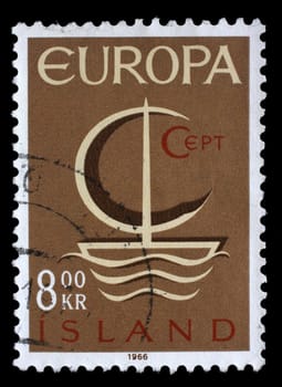 Stamp issued in Iceland shows Stylized sailboat and the inscription "CEPT"", circa 1966."